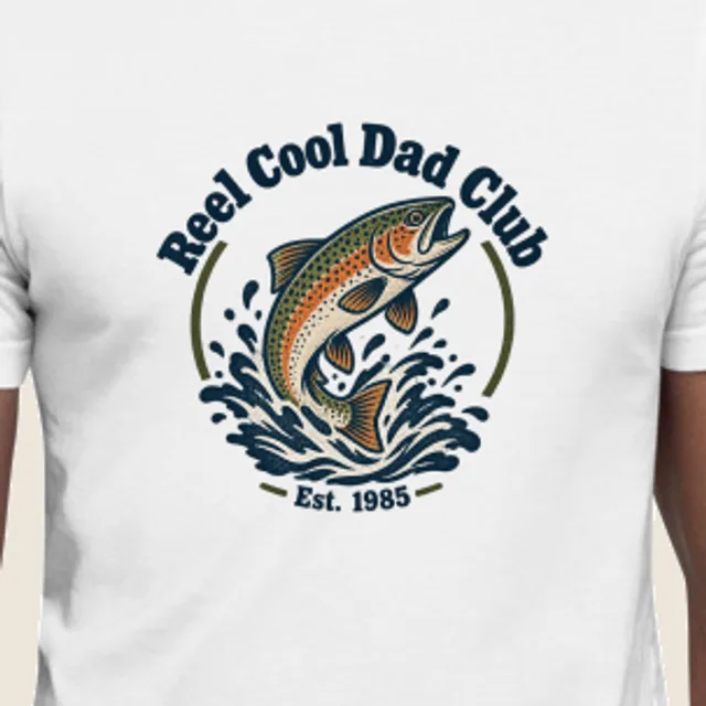 For the fishing dad, Club badge style, printed on a tee