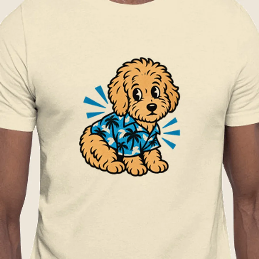 Retro mascot illustration of the same doodle puppy in its tropical shirt, printed on a natural tee