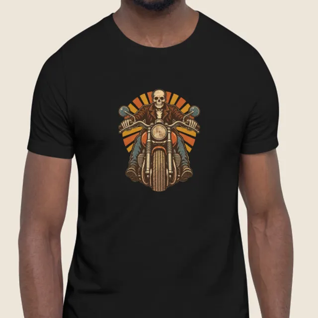 A large design printed across the front of a black tee