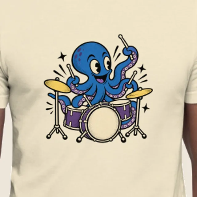 Octopus drummer, Retro mascot style, printed on a tee