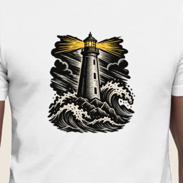 Lighthouse in a storm, Linocut style, printed on a tee