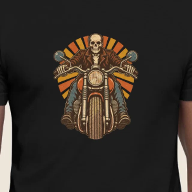 Skeleton biker, Vintage distressed style, printed on a tee
