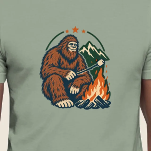 Campfire sasquatch, Souvenir badge style, printed on a tee